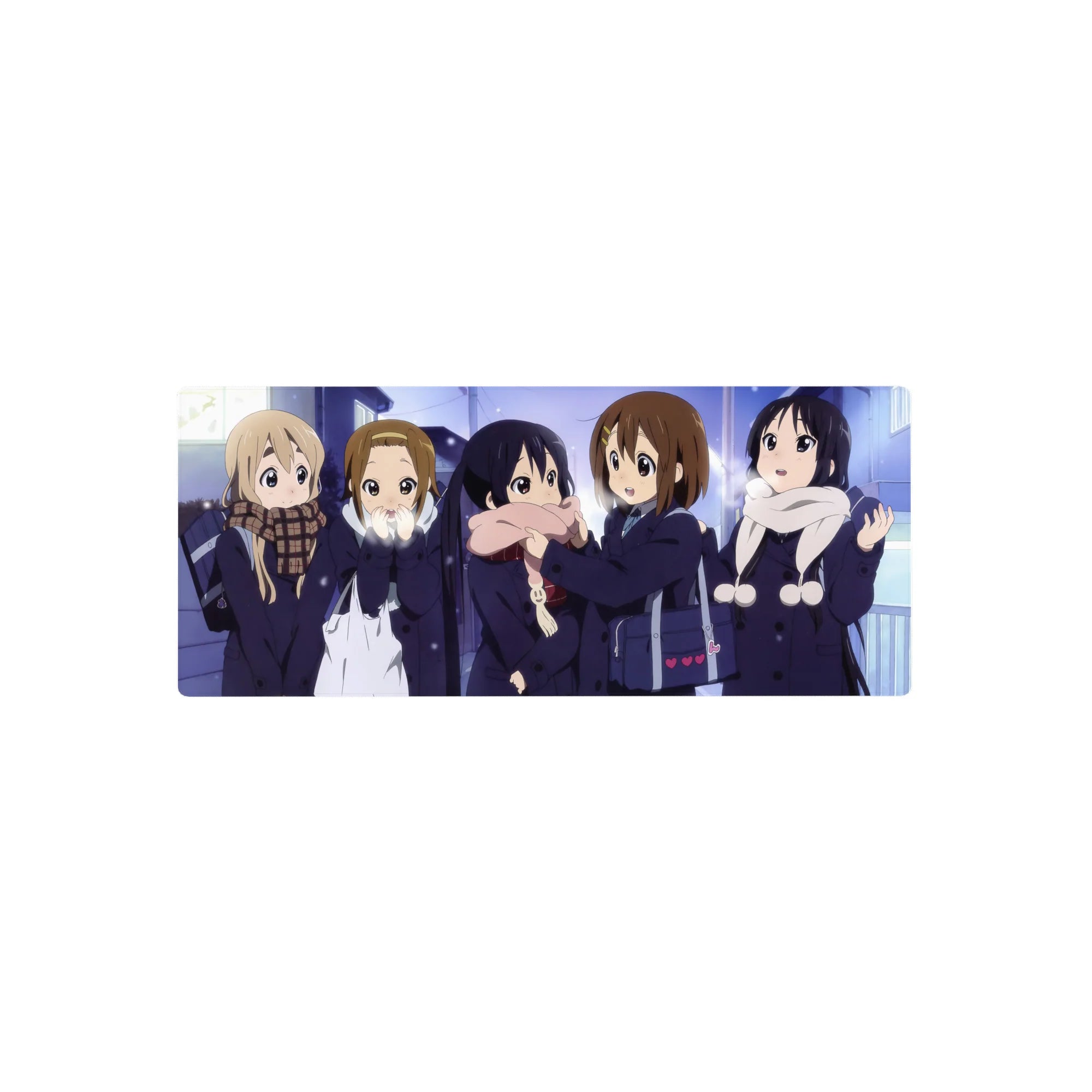K-On! anime girl mouse pad 28x12 inches with the five friends bundled in winter coats and scarves at night.