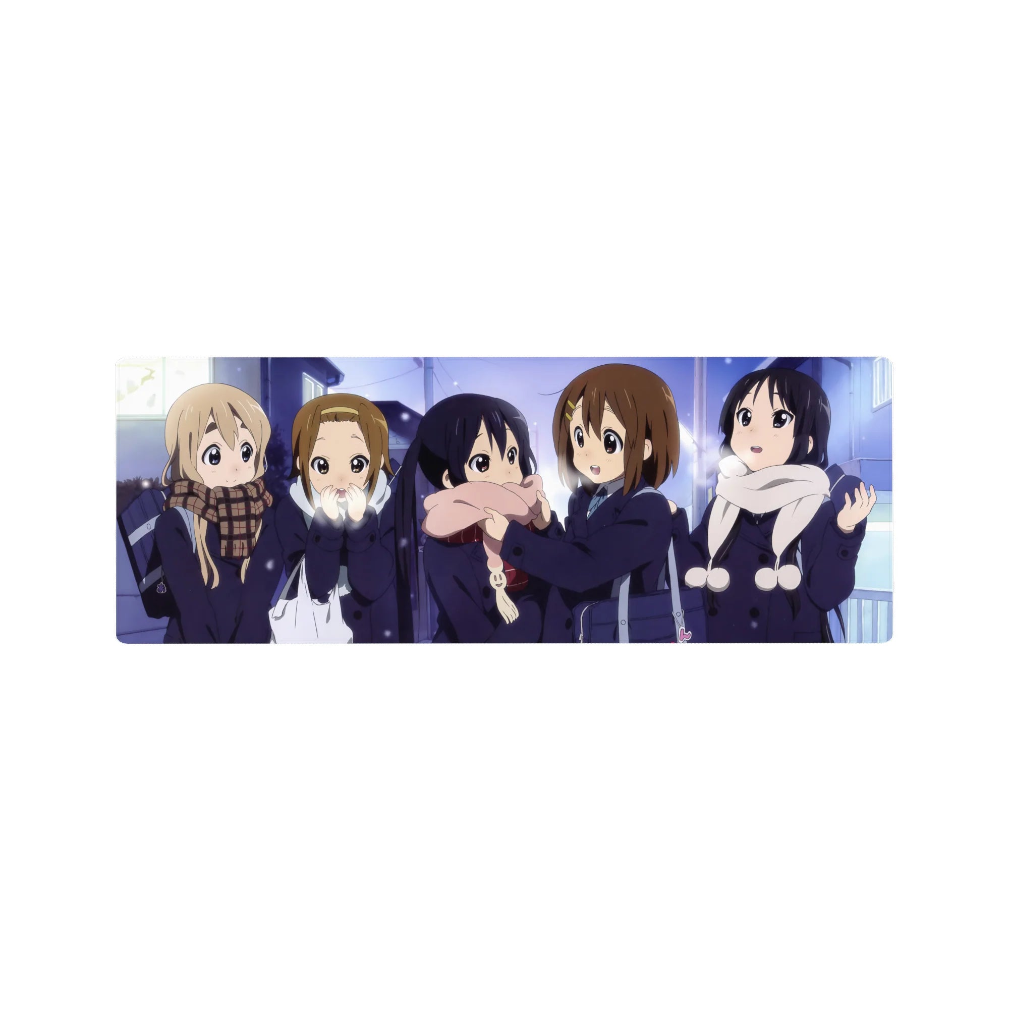 K-On! winter friends anime girl mouse pad 32x12 inches with five girls bundled in scarves at night.