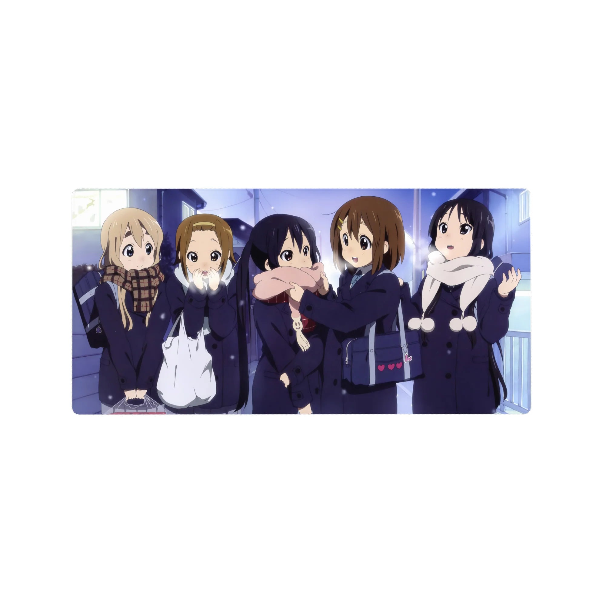 32x16 inches anime girl mouse pad with K-On! friends in winter coats, scarves, and cute heart bag detail.
