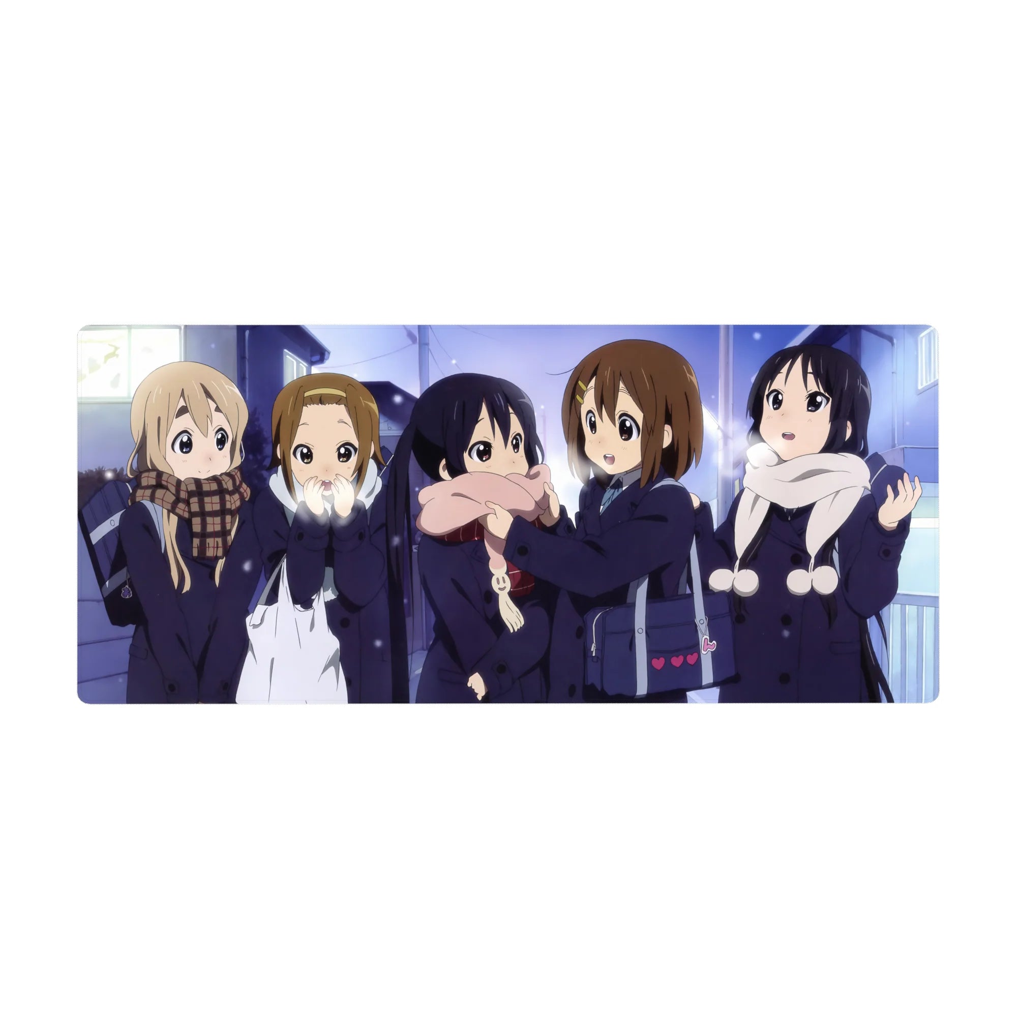 K-On! anime girl desk pad 36x16 inches with Yui, Mio, Ritsu, Mugi, Azusa in winter coats.