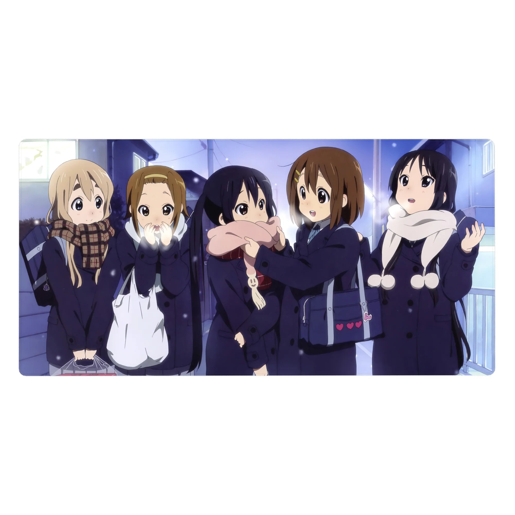 K-On! anime girl desk pad 40x20 inches, five friends in winter coats with scarves under street lights.