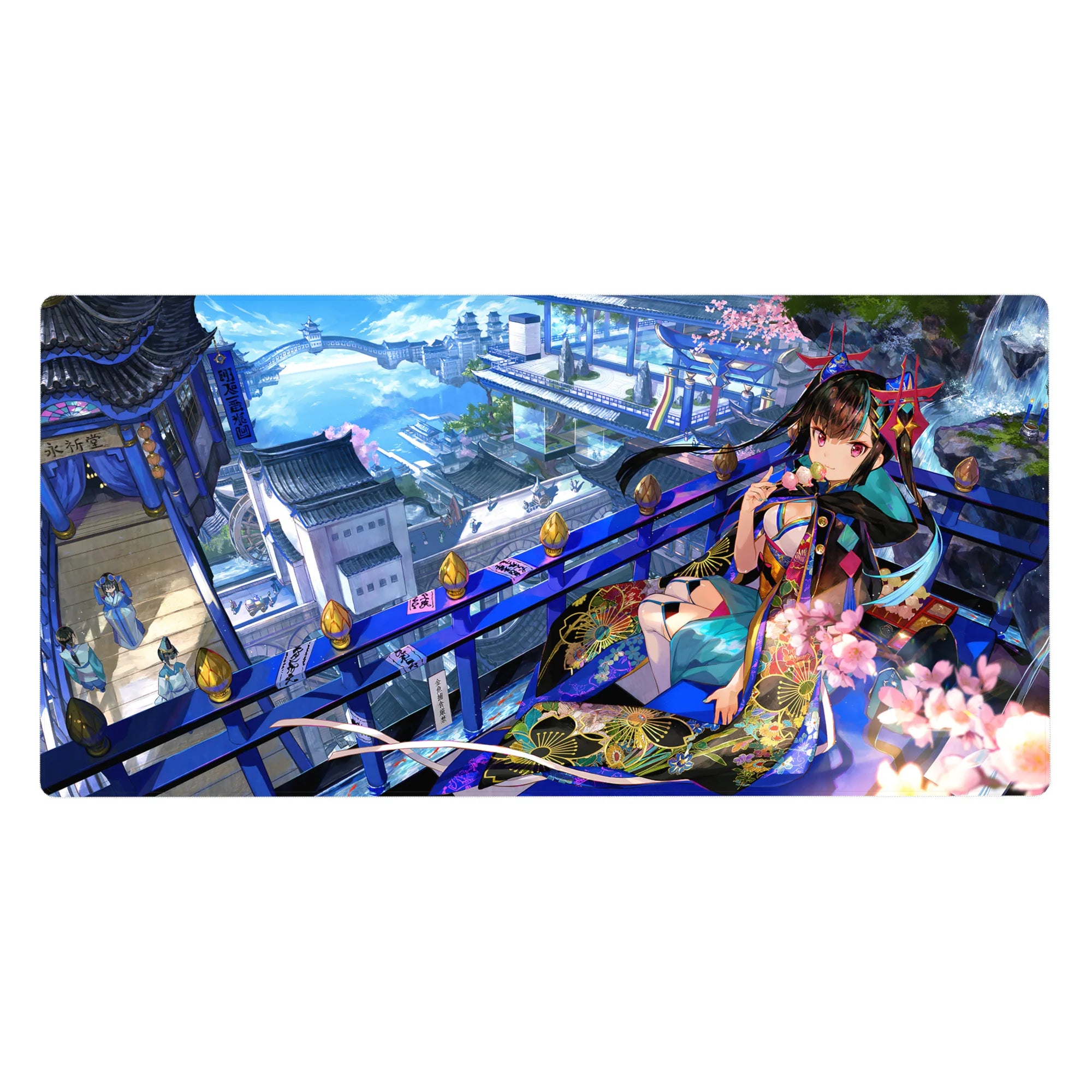 Anime girl desk pad 40x20 inches with kimono pattern, cherry blossoms, cobalt rails, and sky-city backdrop.