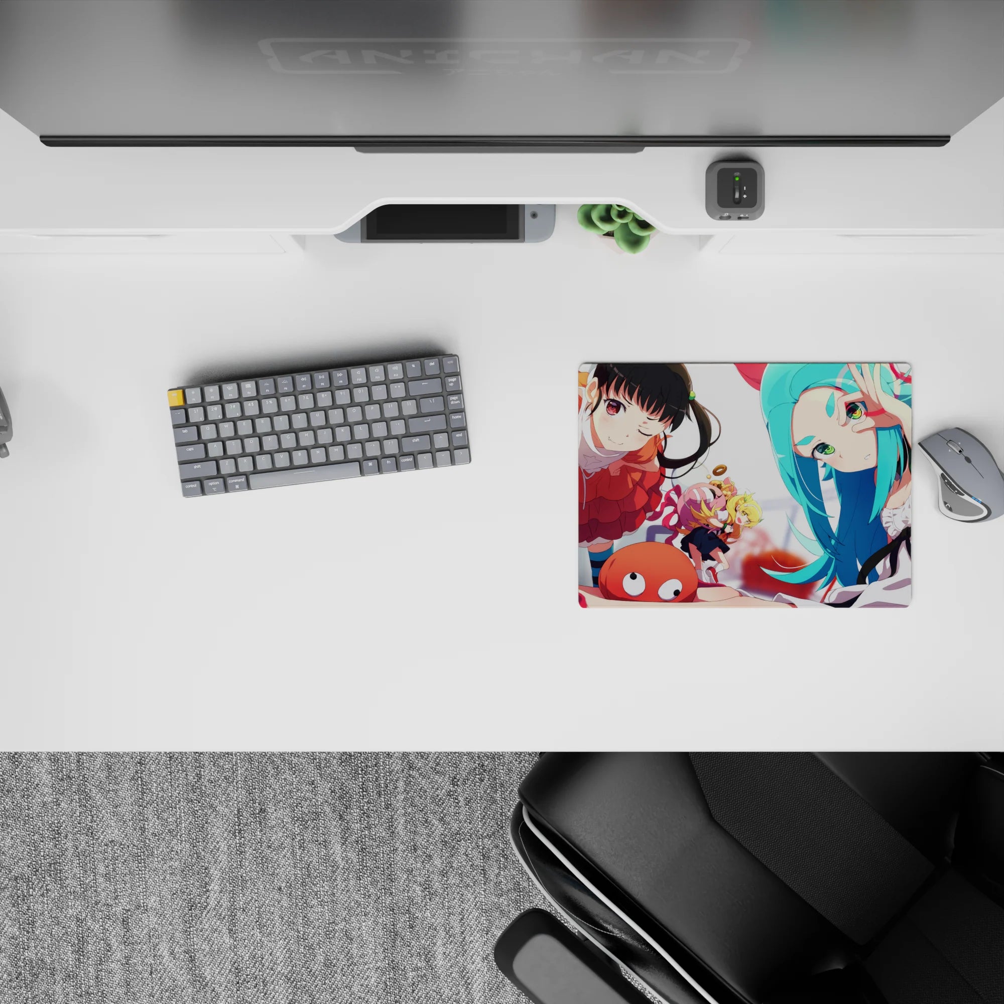 Bright orange frills and cool teal contrast on a 14x10 inches anime girl mouse pad with playful, chaotic vibes.
