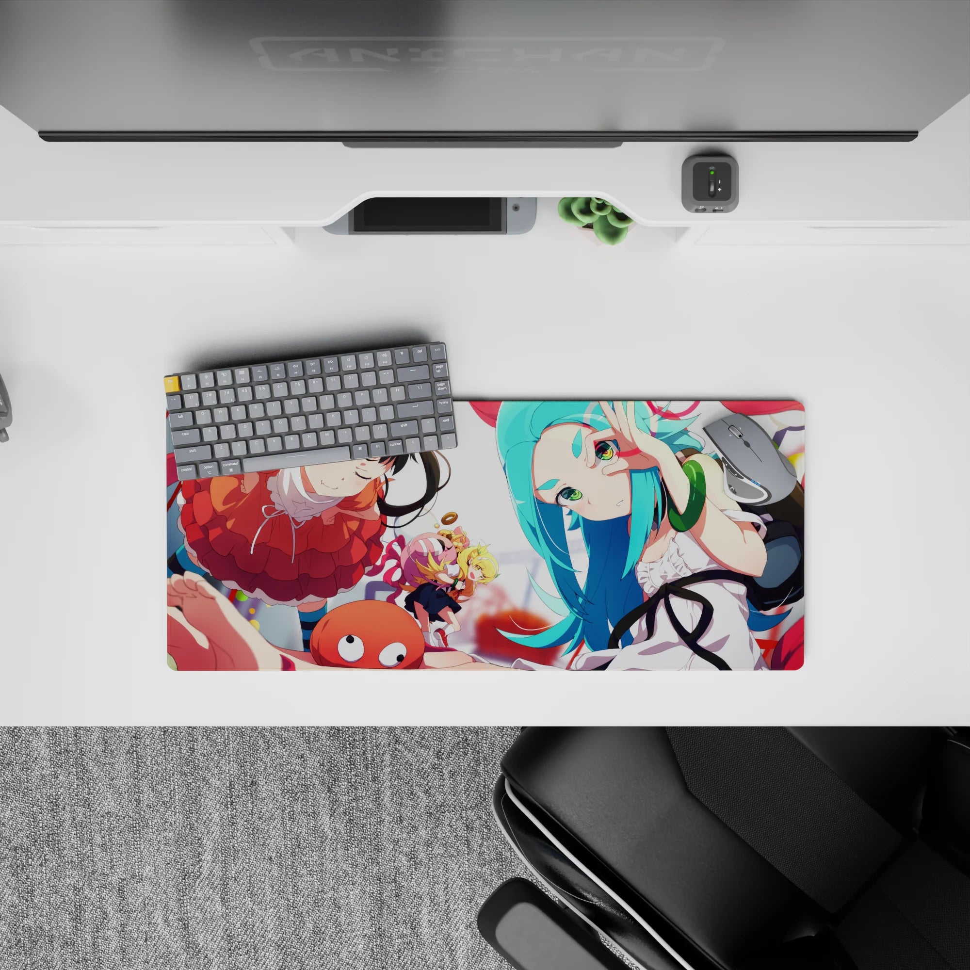 28x12 inches mouse pad in warm orange and cool teal, bright bouncy vibe with playful pastel accents.