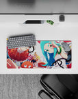 28x12 inches mouse pad in warm orange and cool teal, bright bouncy vibe with playful pastel accents.