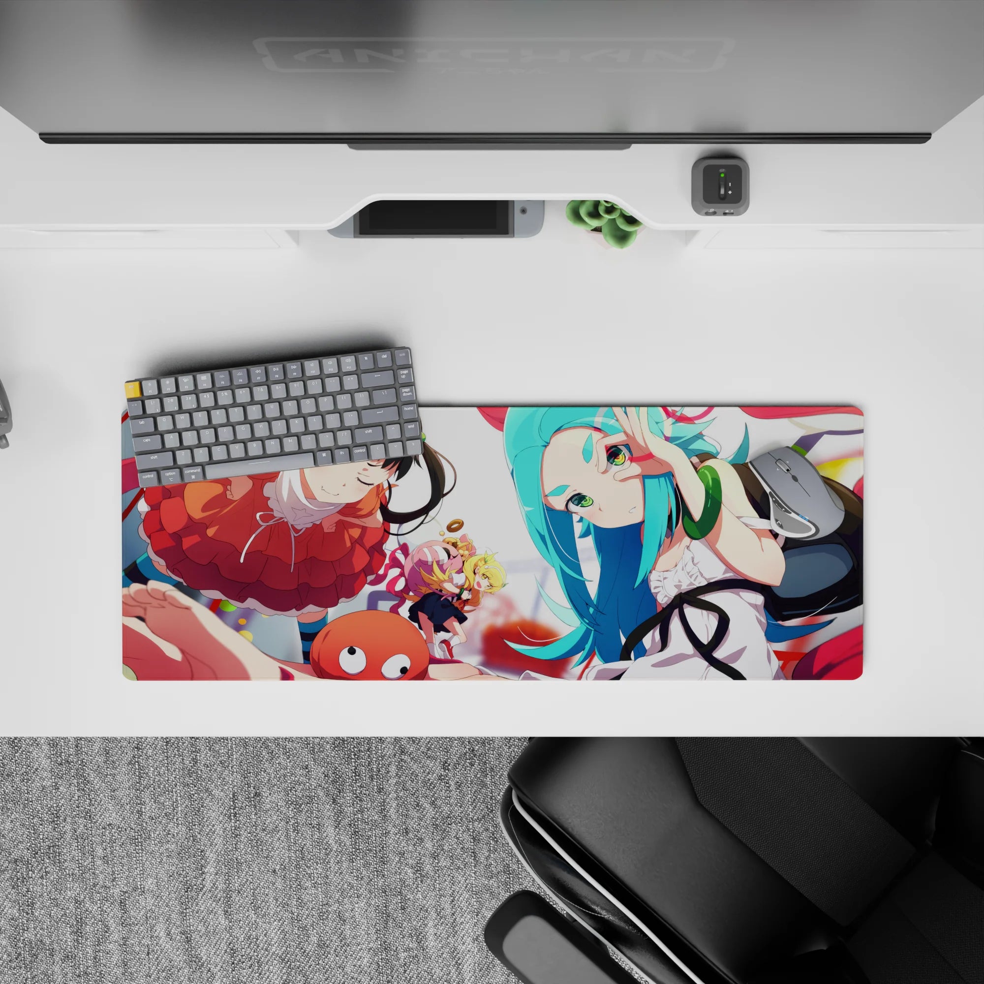 32x12 inches anime girl mouse pad in warm orange and cool teal tones, bright bouncy vibe and cute chaos.
