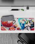 32x12 inches anime girl mouse pad in warm orange and cool teal tones, bright bouncy vibe and cute chaos.