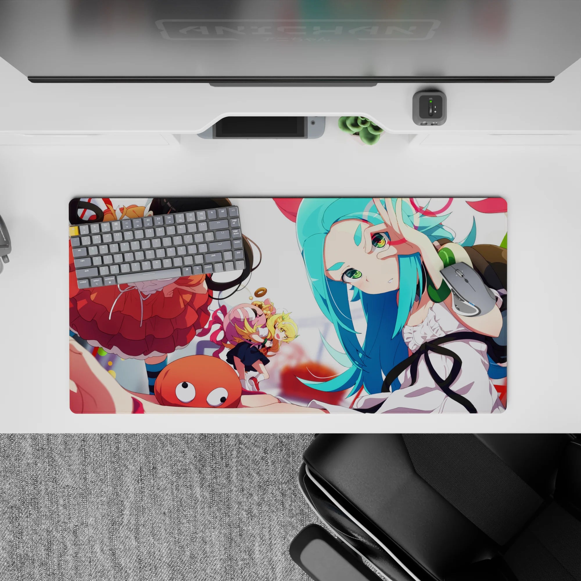 Candy-bright orange and teal anime girl mouse pad 32x16 inches, playful shapes and mood-lift vibe.
