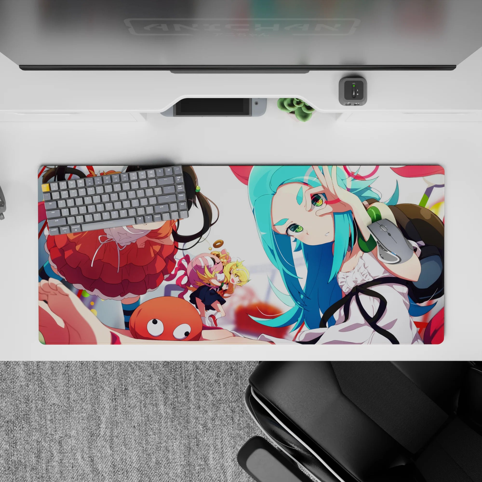 Bright orange frills and cool teal accents anime desk pad 36x16 inches, cute chaotic mood.