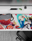 Bright orange frills and cool teal accents anime desk pad 36x16 inches, cute chaotic mood.