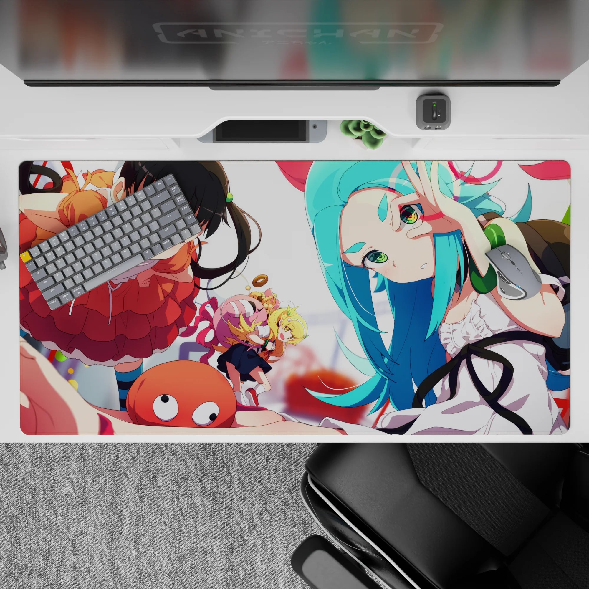 Bright orange frills and teal accents anime desk pad 40x20 inches, playful chaotic vibe, smooth mouse tracking.