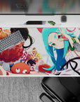 Bright orange frills and teal accents anime desk pad 40x20 inches, playful chaotic vibe, smooth mouse tracking.