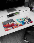 32x12 inches Monogatari Series mouse pad featuring Karen Araragi winking and Shinobu Oshino popping in.