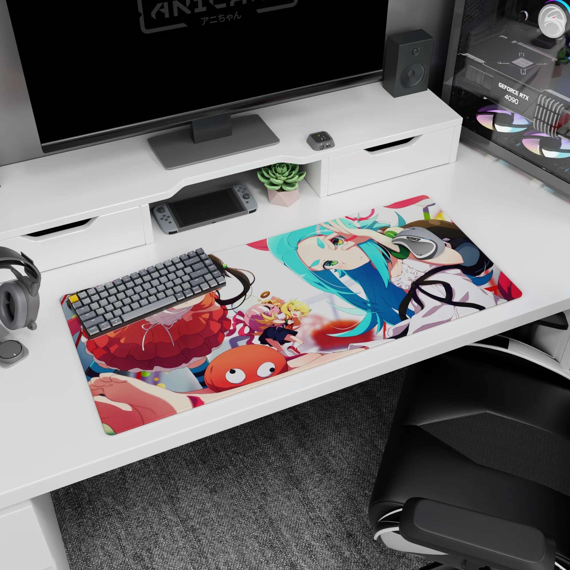Karen Araragi winking with Shinobu Oshino popping in on anime desk pad 36x16 inches.