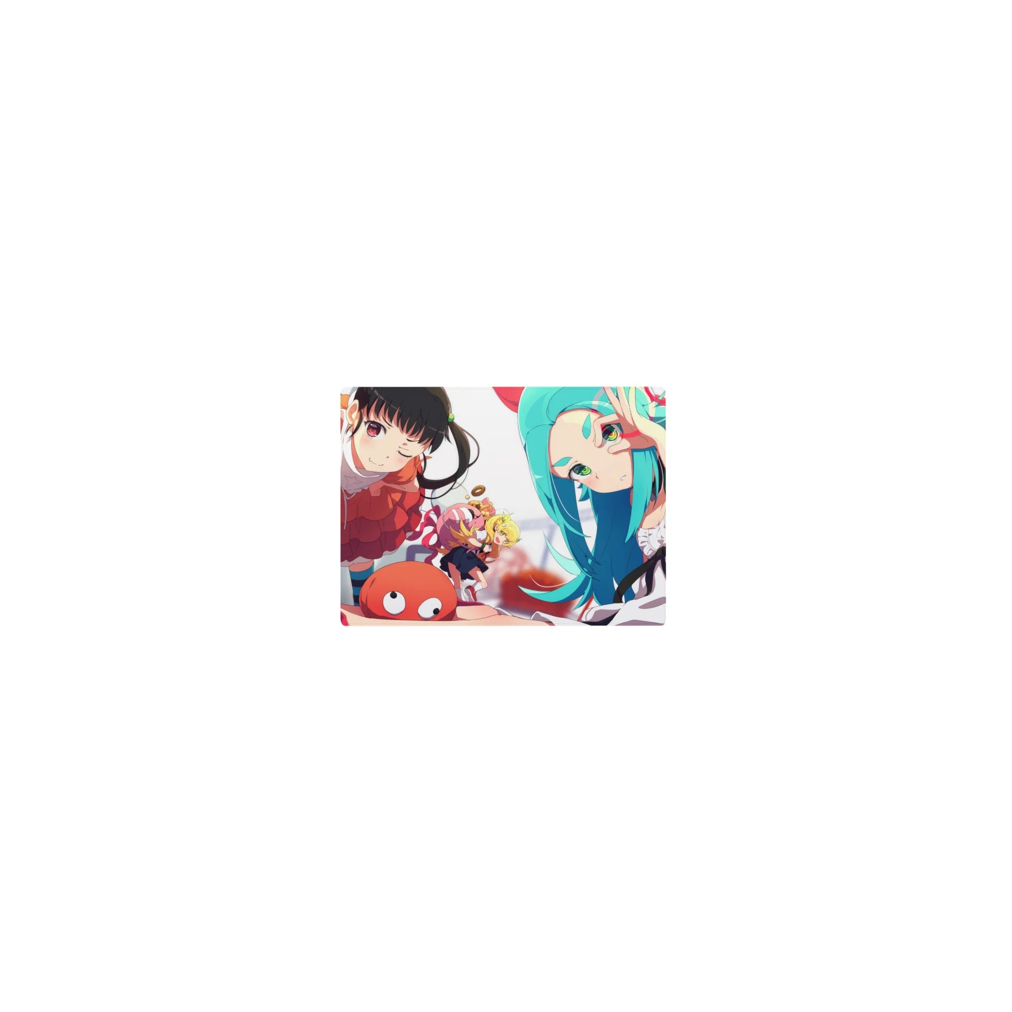Classic anime girl mouse pad 14x10 inches with Monogatari-style characters, winks, candy shapes, and teal hair.