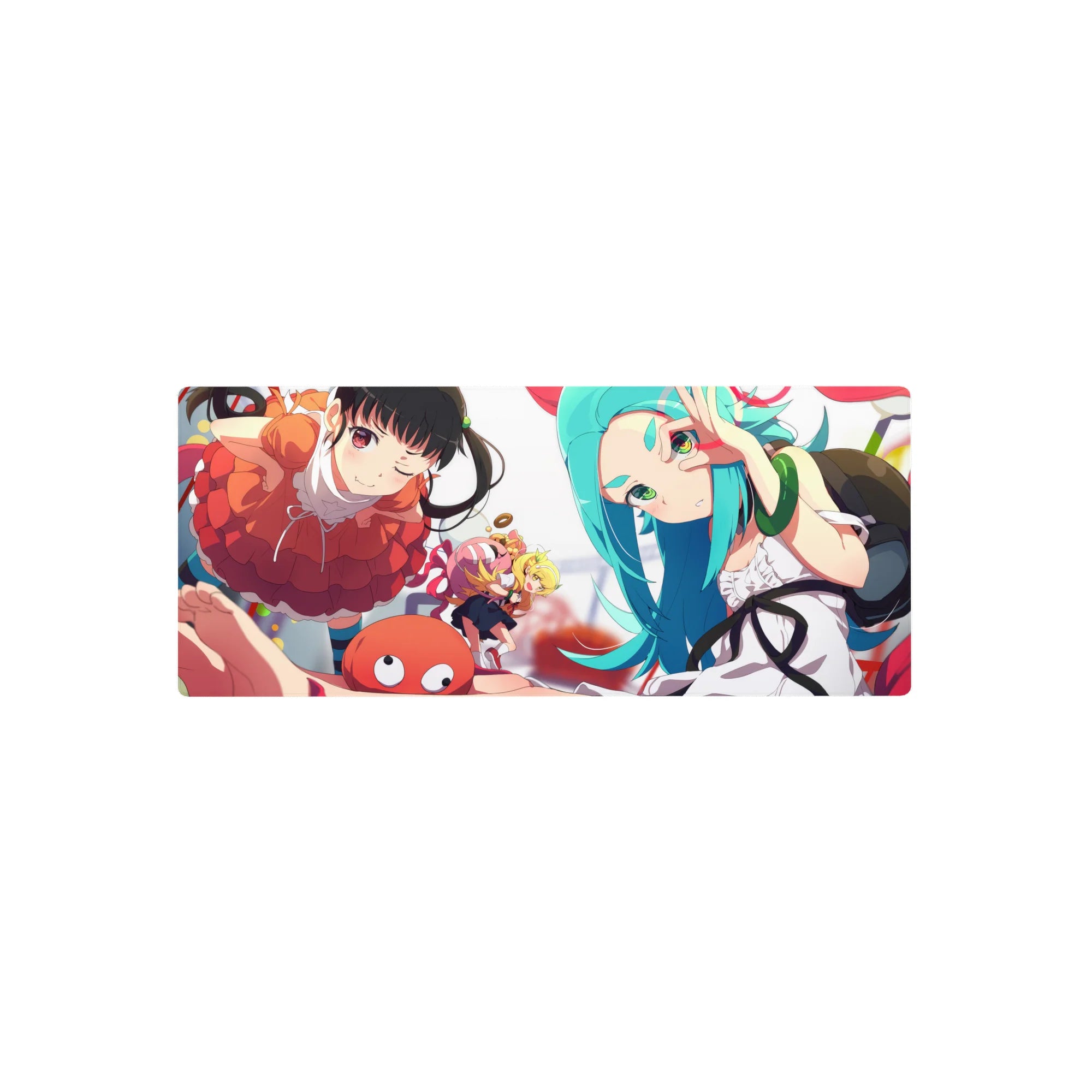 28x12 inches anime girl mouse pad with Monogatari-inspired characters, candy shapes, smooth tracking.