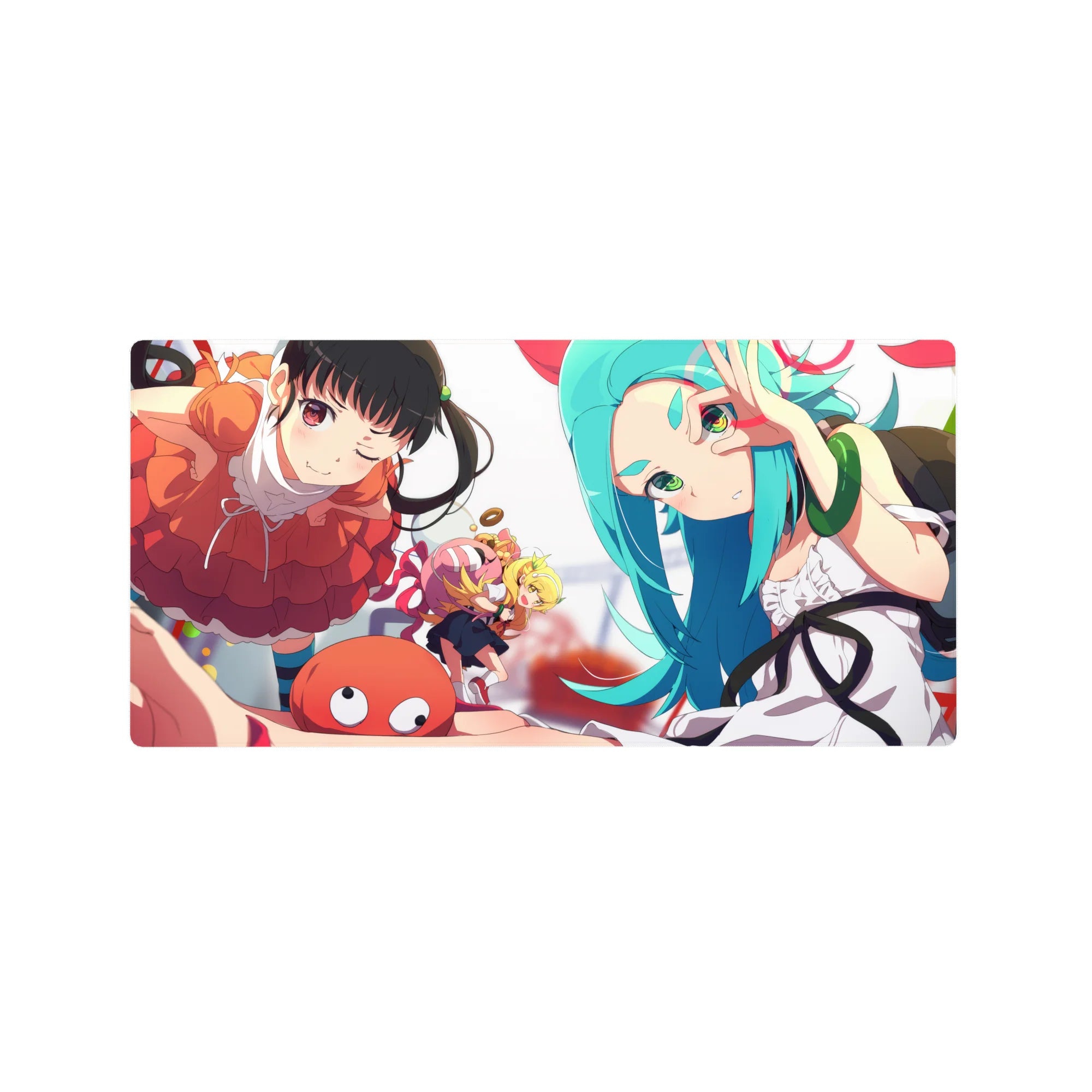 Monogatari-style anime girl mouse pad 32x16 inches with winking frills, teal hair, and cute chaos.