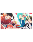 Monogatari-style anime girl mouse pad 32x16 inches with winking frills, teal hair, and cute chaos.