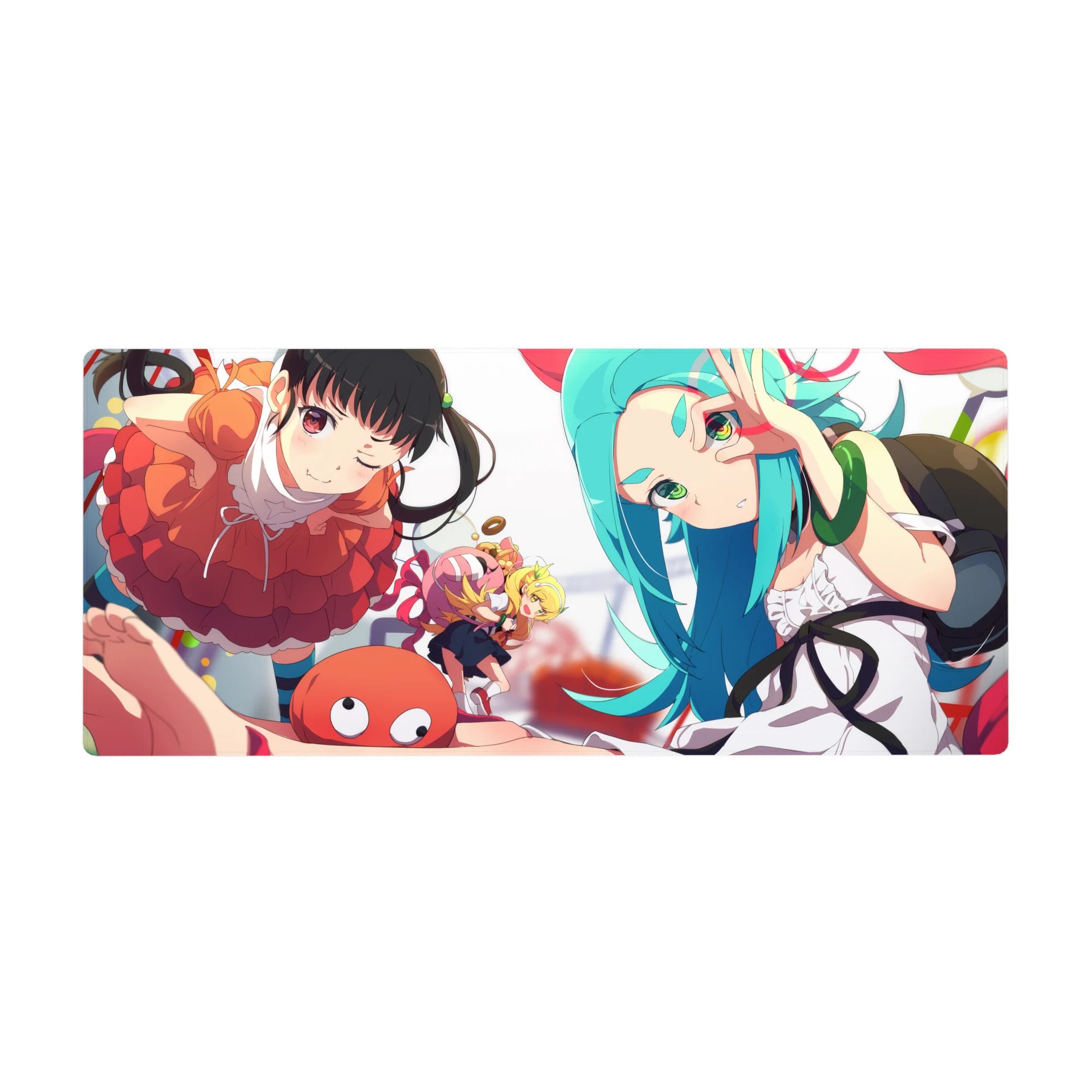 Monogatari-inspired anime girl desk pad 36x16 inches with Karen and Shinobu, playful candy shapes.