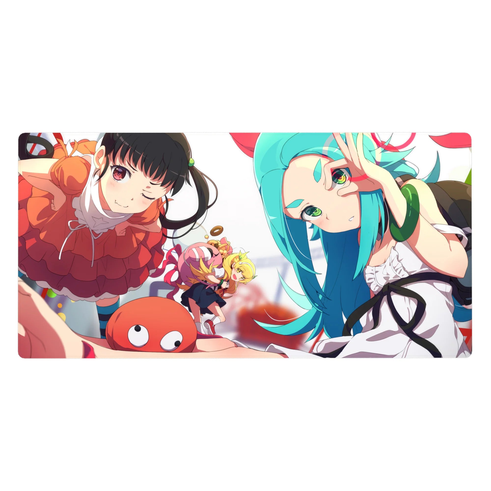 Monogatari-style anime girl desk pad 40x20 inches with Karen Araragi, Shinobu, teal-haired rival, candy icons.