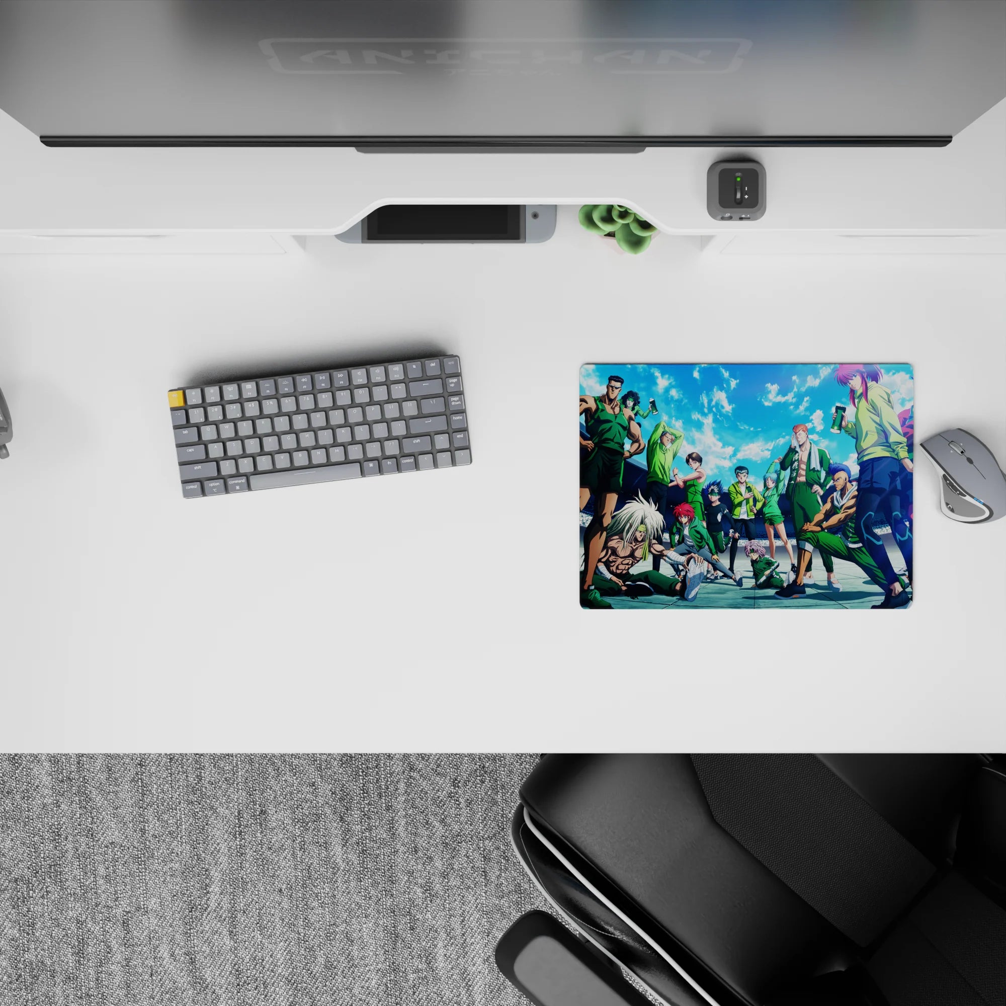 Sky-blue clouds and bright light on a 14x10 inches anime mouse pad, crisp shadows, bold green tones.