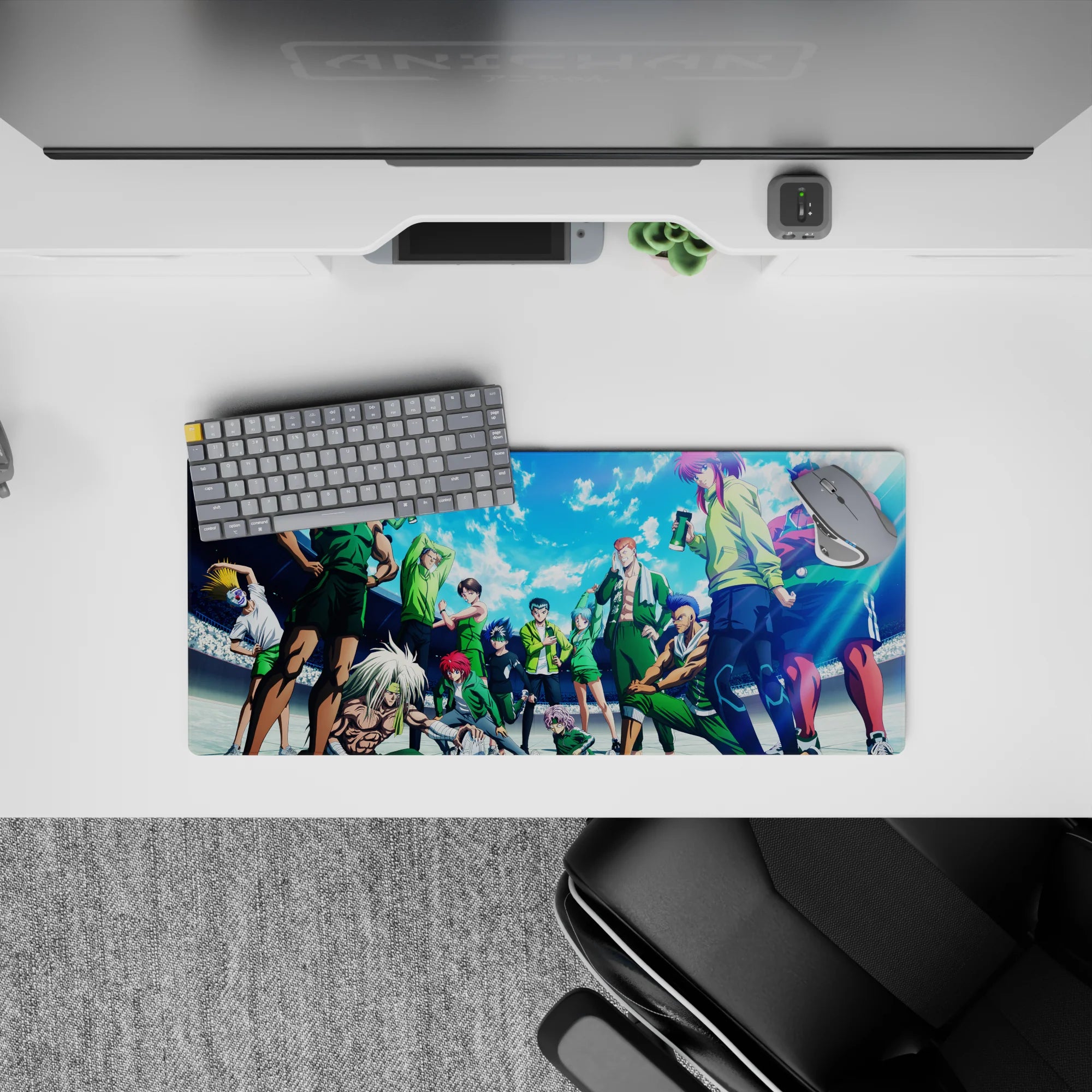 Sky-blue clouds and bright light over green-uniform fighters, bold anime mouse pad 28x12 inches.