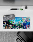 Sky-blue clouds and bright light over green-uniform fighters, bold anime mouse pad 28x12 inches.