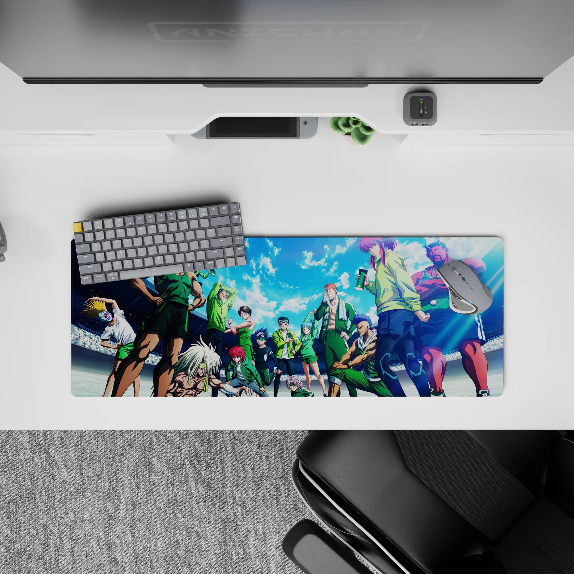 Sky-blue clouds and bright light with crisp shadows, green uniforms, loud clean vibe anime mouse pad 32x12 inches.
