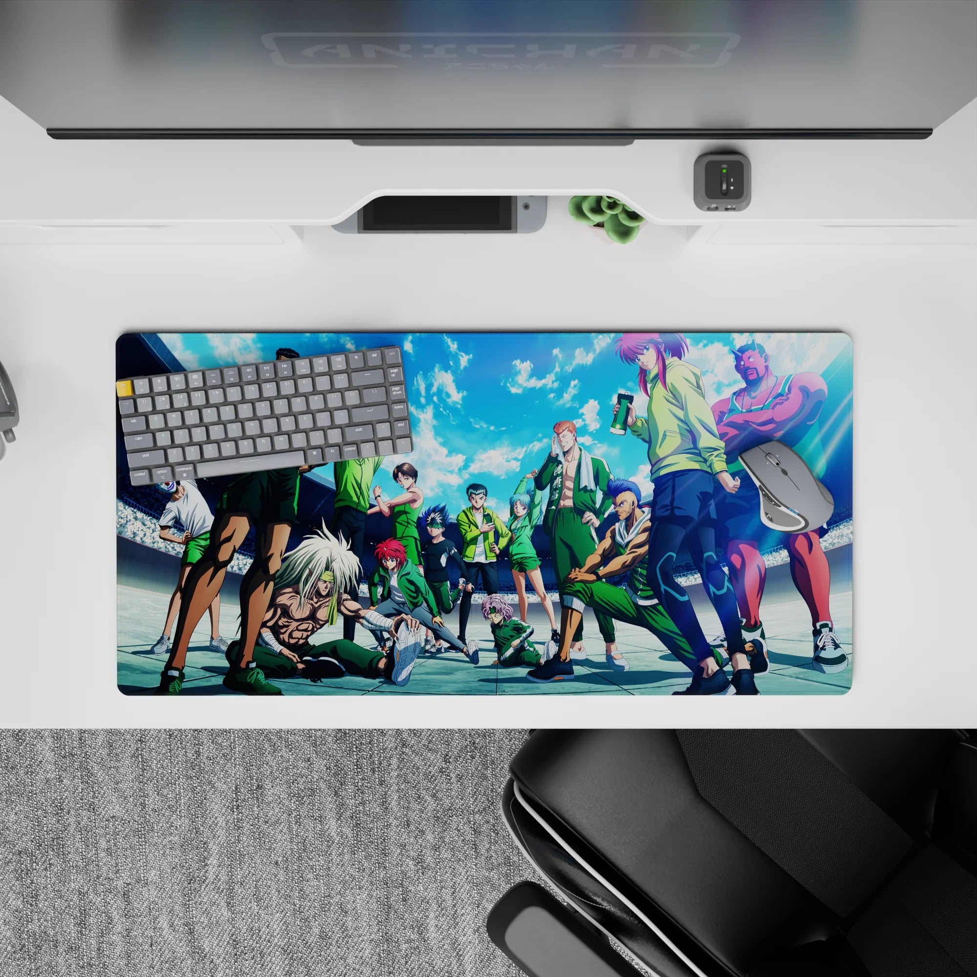 Sky-blue clouds and green uniforms with crisp shadows, loud clean vibe anime mouse pad 32x16 inches.