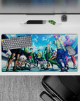 Sky-blue clouds and green uniforms with crisp shadows, loud clean vibe anime mouse pad 32x16 inches.