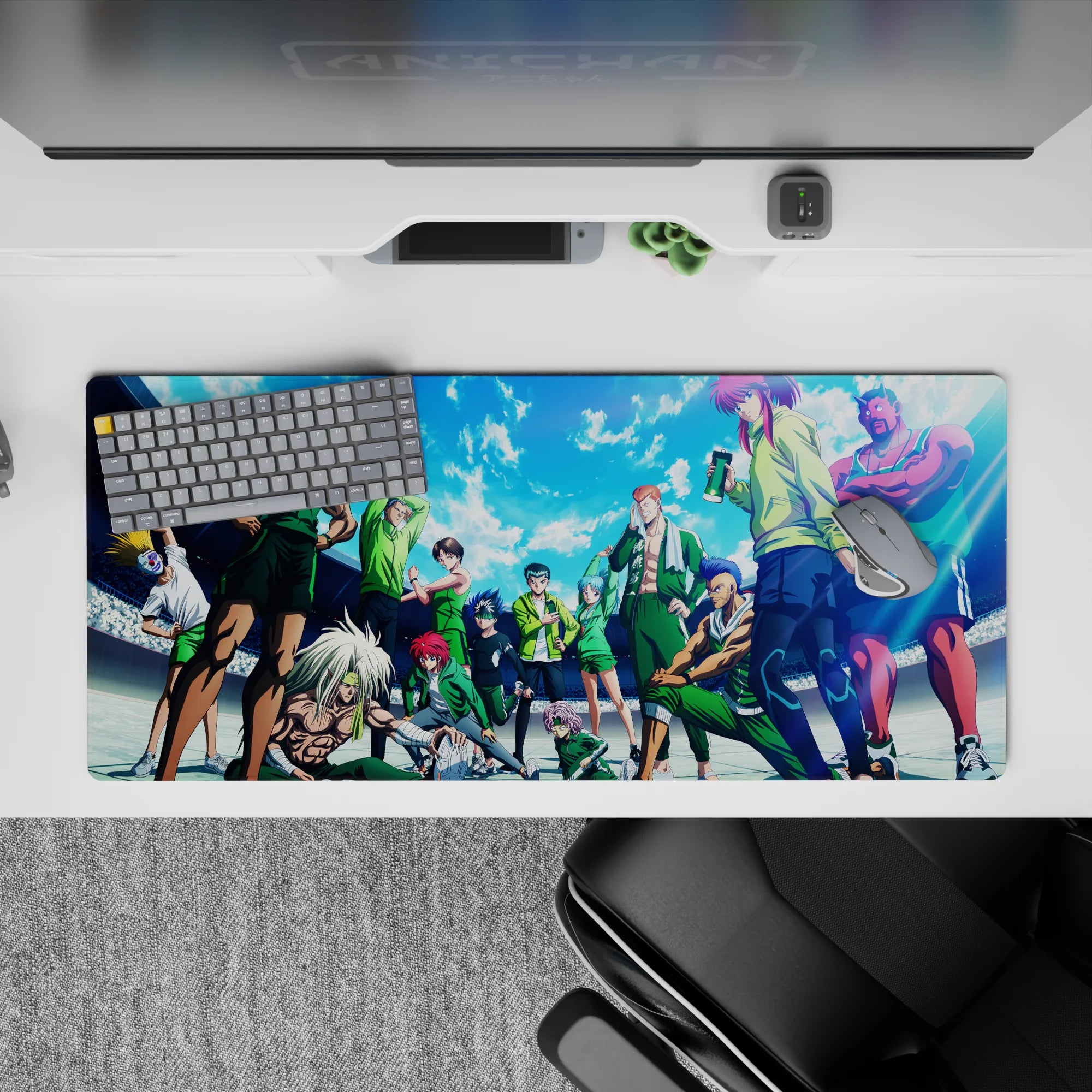Sky-blue clouds and bright light over green uniforms, loud clean vibe anime desk pad 36x16 inches.