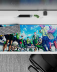Sky-blue clouds and bright light over green uniforms, loud clean vibe anime desk pad 36x16 inches.
