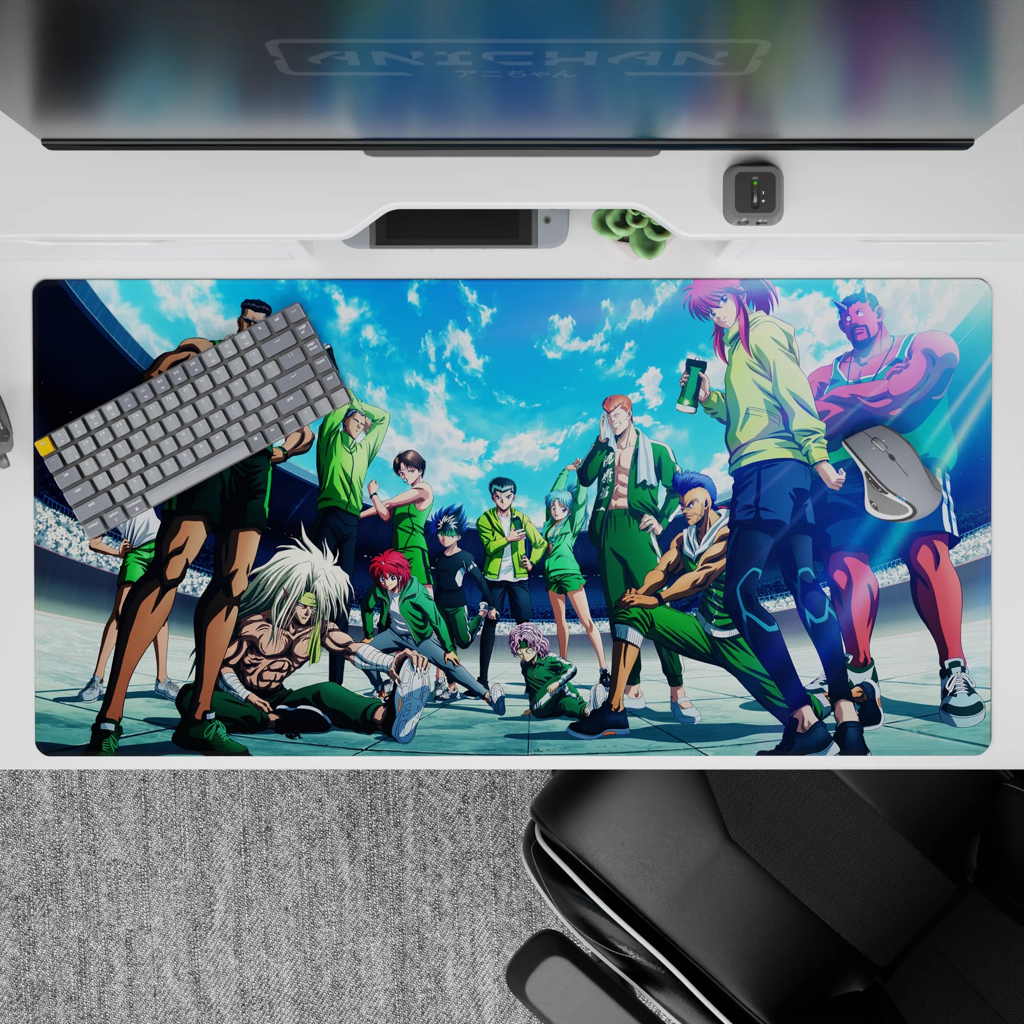 Sky-blue clouds and bright light over green uniforms, bold swagger vibe anime desk pad 40x20 inches.