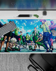 Sky-blue clouds and bright light over green uniforms, bold swagger vibe anime desk pad 40x20 inches.