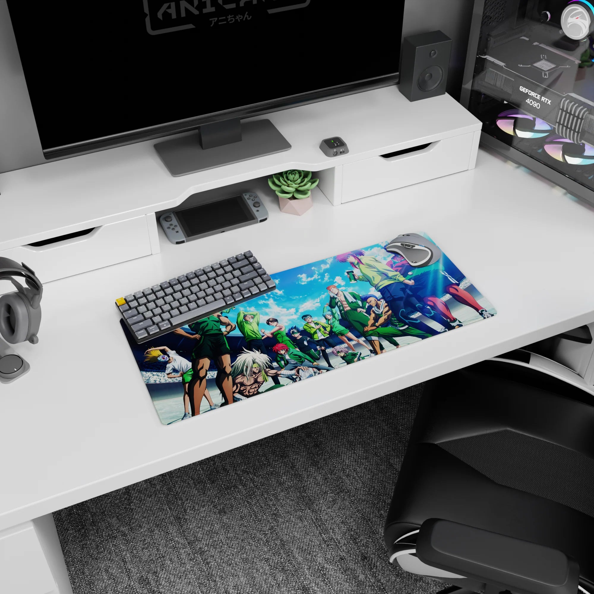 Green training squad stretching with bottles and one cool victory stare, anime mouse pad 28x12 inches.