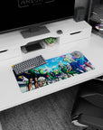 Green training squad stretching with bottles and one cool victory stare, anime mouse pad 28x12 inches.