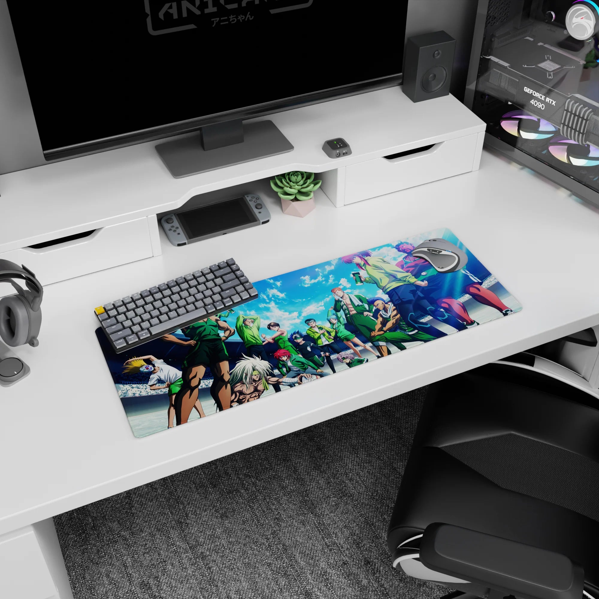 Yu Yu Hakusho squad stretching with bottles and a cool victory stare in stadium scene anime mouse pad 32x12 inches.