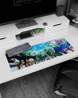 Yu Yu Hakusho squad stretching with bottles and a cool victory stare in stadium scene anime mouse pad 32x12 inches.