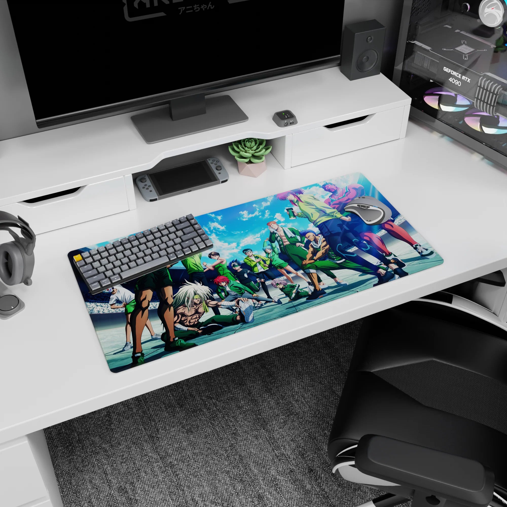 Bruiser fighters stretching with bottles and a cool winning stare, Yu Yu Hakusho anime mouse pad 32x16 inches.