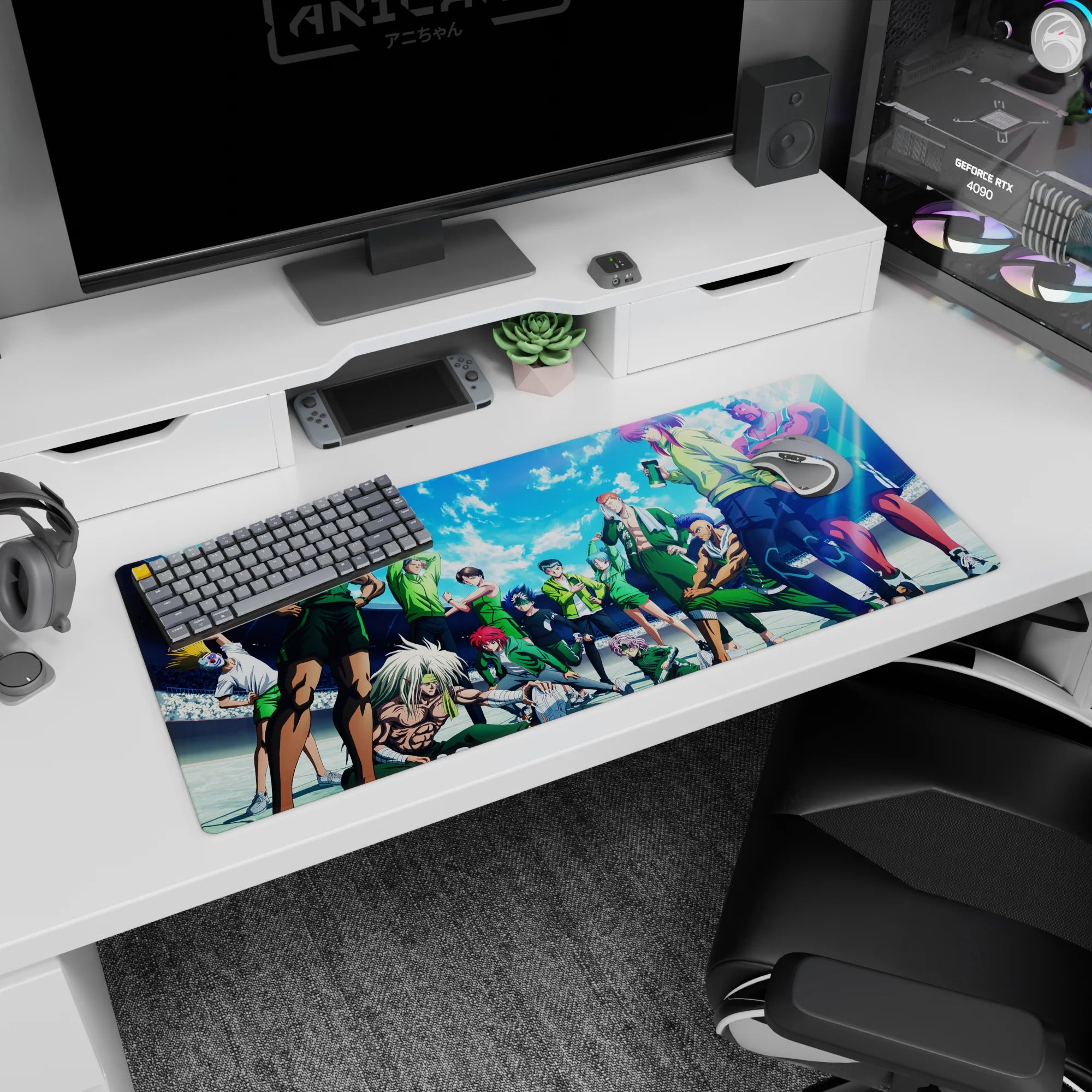 Bruiser build fighter stretching with a cool winning stare, sweat and swagger anime desk pad 36x16 inches.