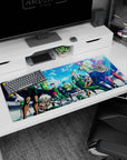 Bruiser build fighter stretching with a cool winning stare, sweat and swagger anime desk pad 36x16 inches.