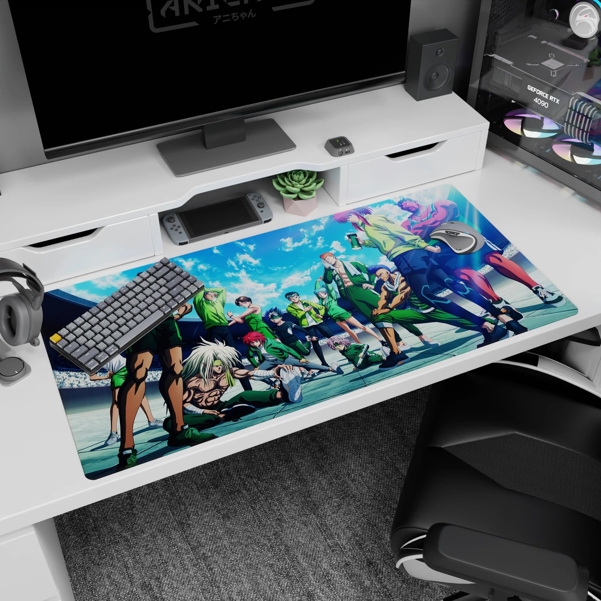 Anime desk pad 40x20 inches showing fighters stretching with bottles, one cool victory stare in spotlight.