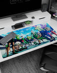 Anime desk pad 40x20 inches showing fighters stretching with bottles, one cool victory stare in spotlight.