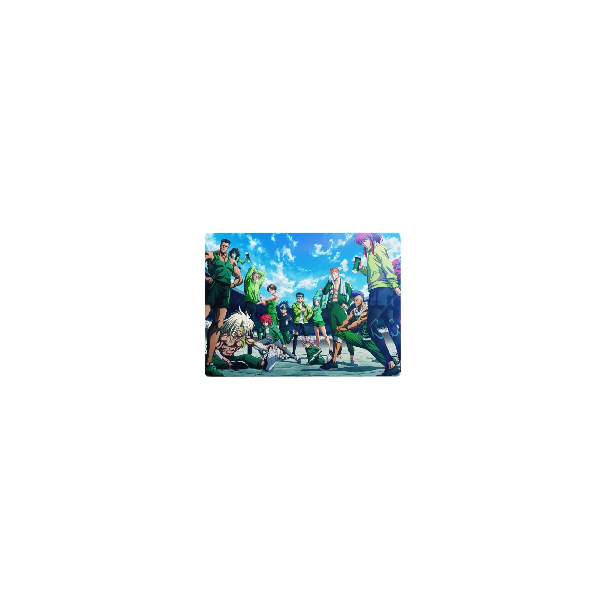 Classic anime mouse pad 14x10 inches with stadium-style team lineup in green uniforms under blue sky.
