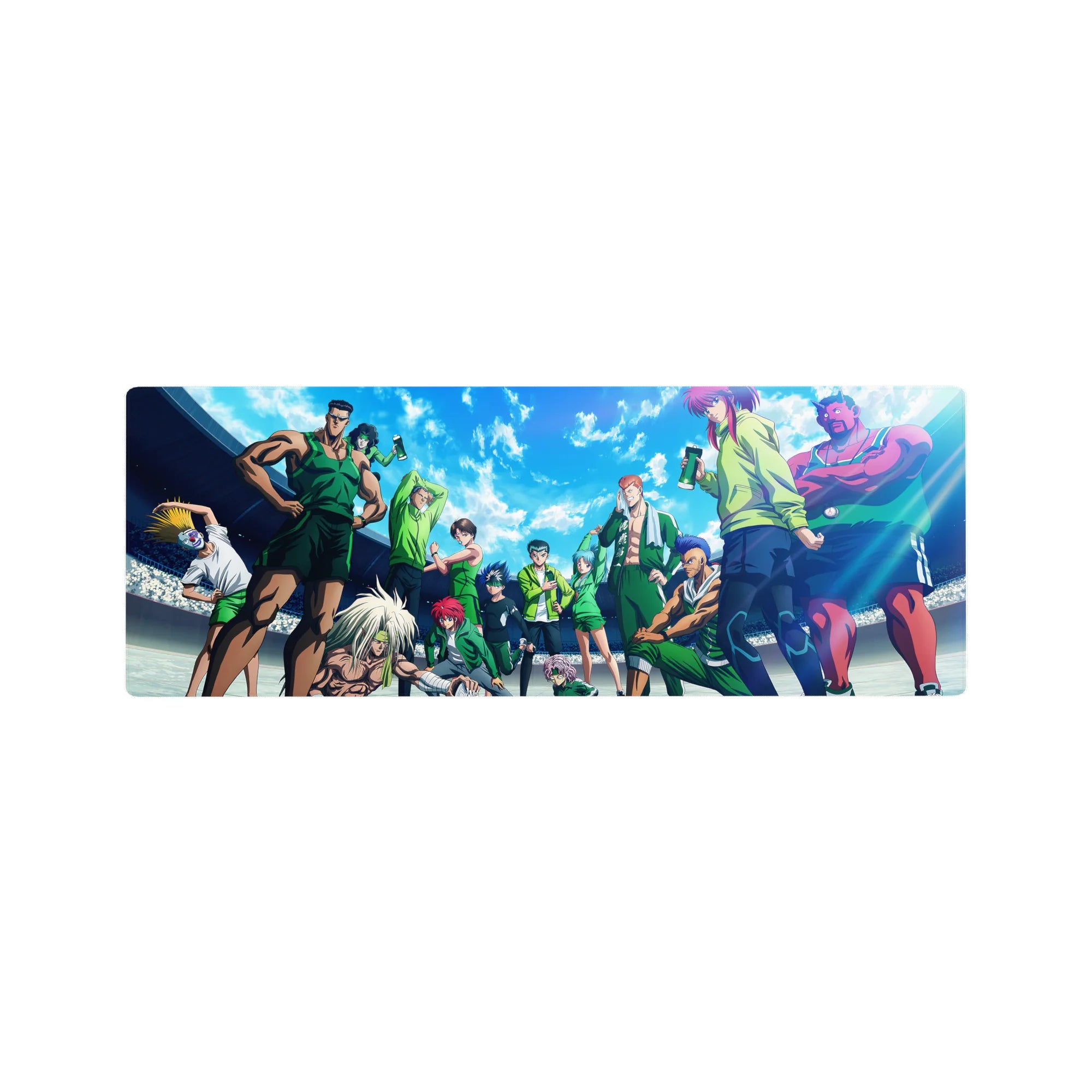 Yu Yu Hakusho stadium team lineup anime mouse pad, green training uniforms under blue sky, 32x12 inches.