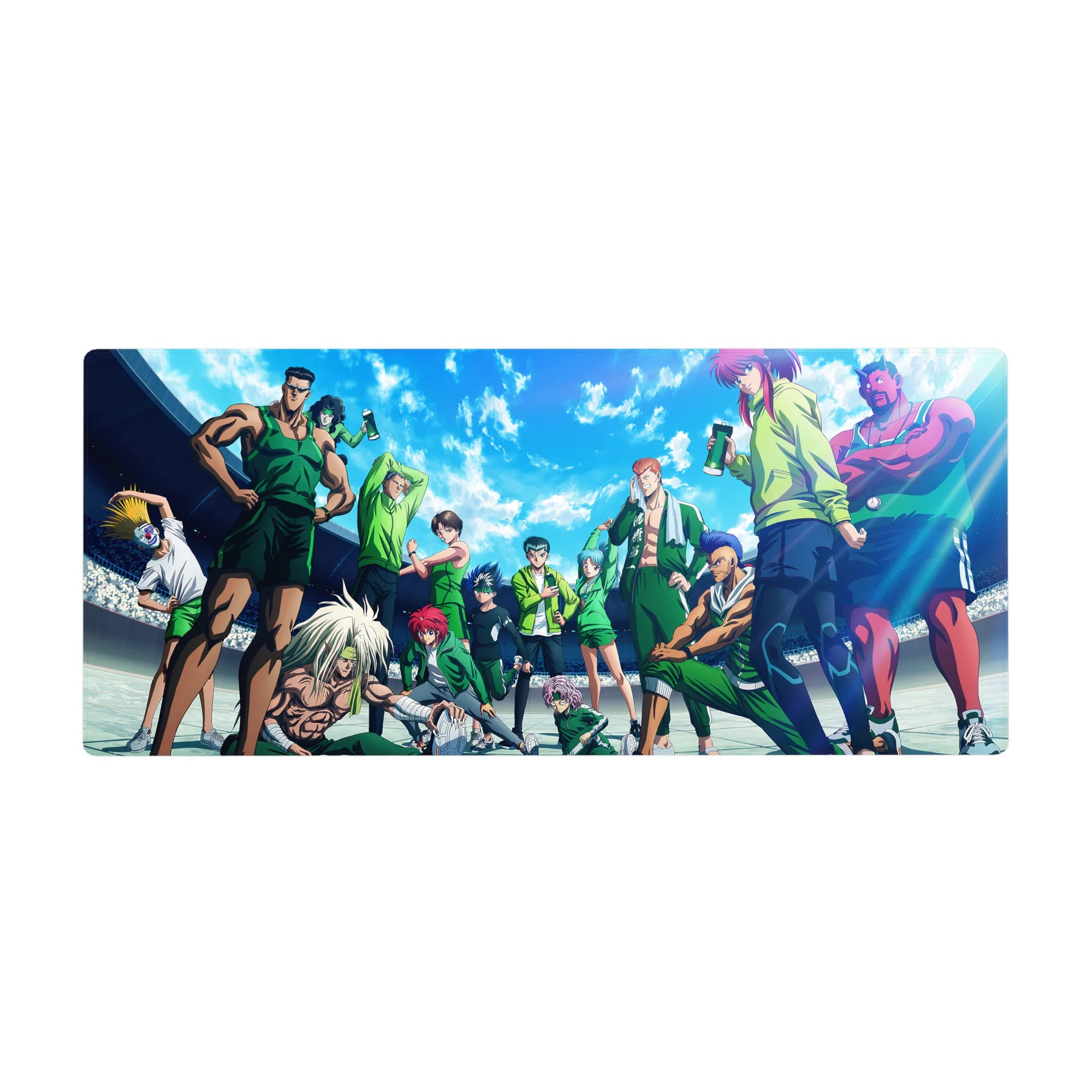 Yu Yu Hakusho stadium training scene anime desk pad 36x16 inches with team poses, bottles, and crisp shadows.