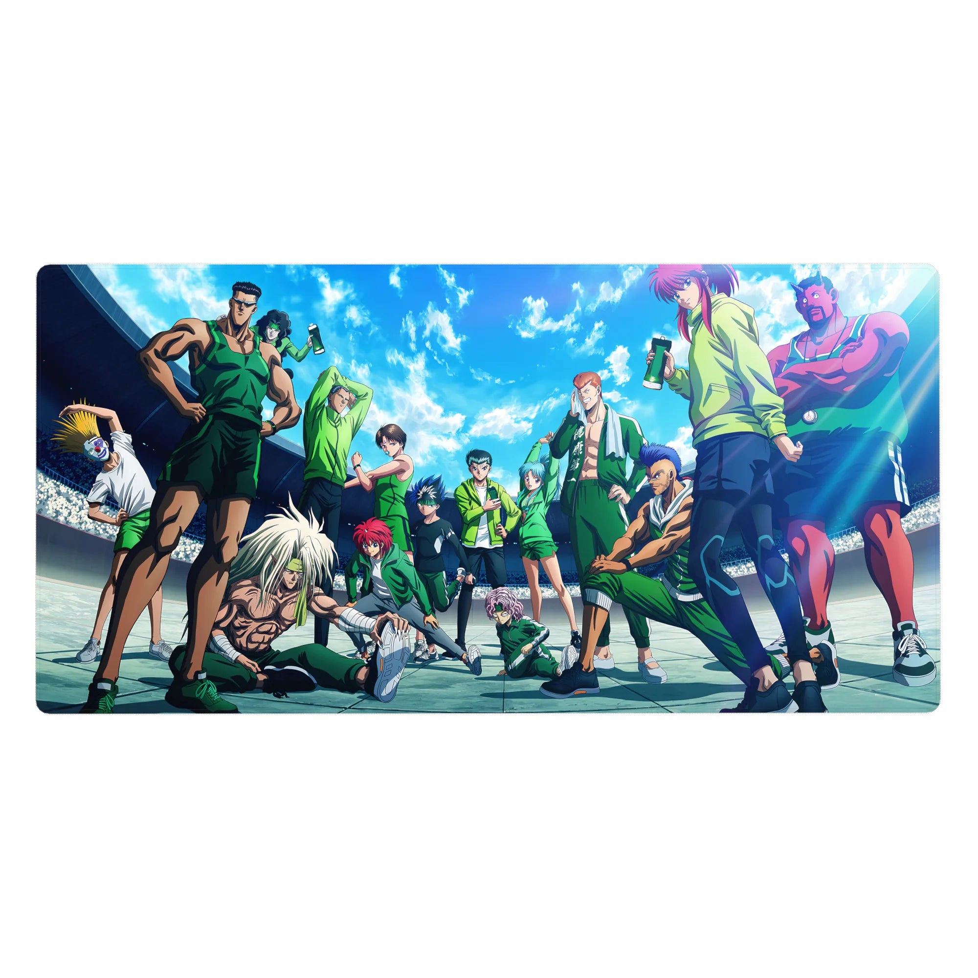 Yu Yu Hakusho stadium-style anime desk pad, team lineup in green training gear, 40x20 inches.