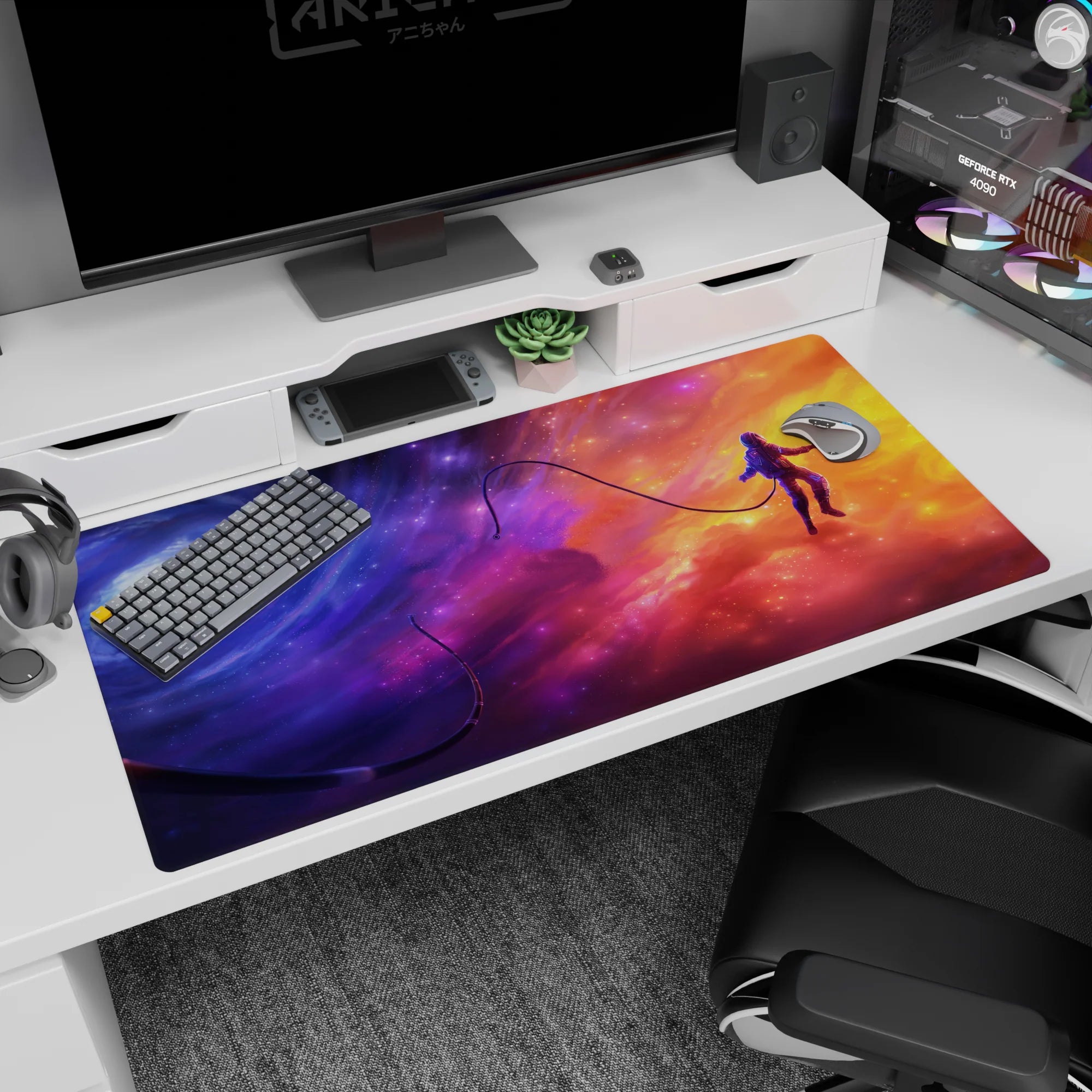 Lone astronaut floating on a ribboning tether on a 40x20 inches desk pad, drifting through nebula clouds.