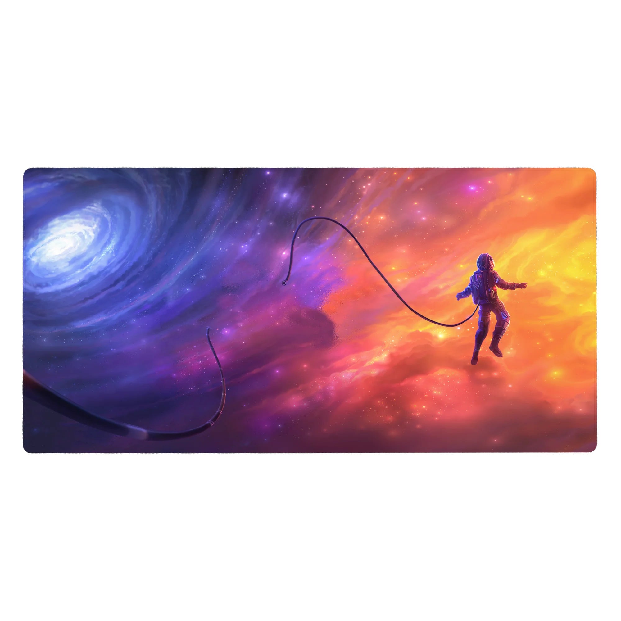 Cosmic astronaut desk pad 40x20 inches with violet haze, tangerine clouds, and deep-space blues swirl.
