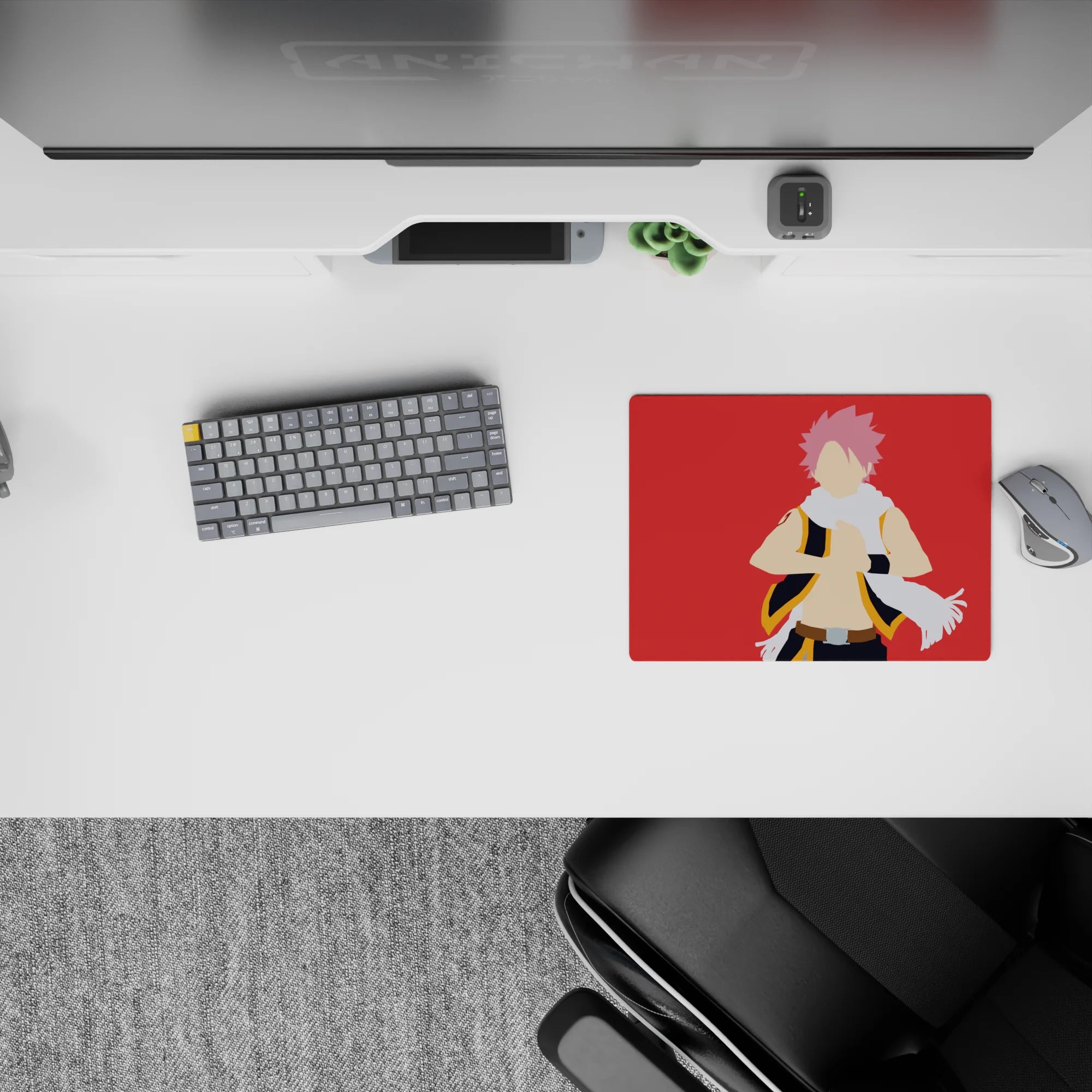 Red backdrop anime mouse pad 14x10 inches with fiery attitude, clean lines, and sharp black-and-gold vest.
